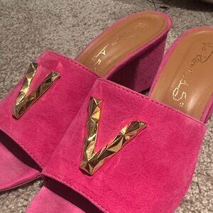 Spring Via Roma 15 Italian Pink Suede Slide Sandals with Gold Accent